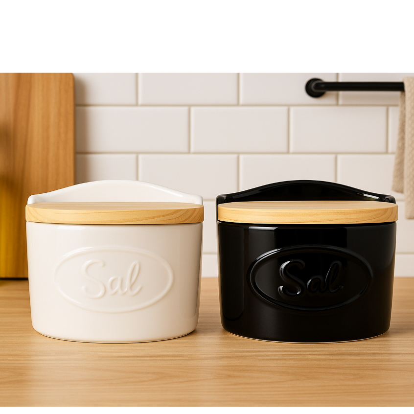 Saleiro De Porcelana Com Tampa De Madeira Elemento Essencial Ceramica Cozinha em Oferta na Shopee