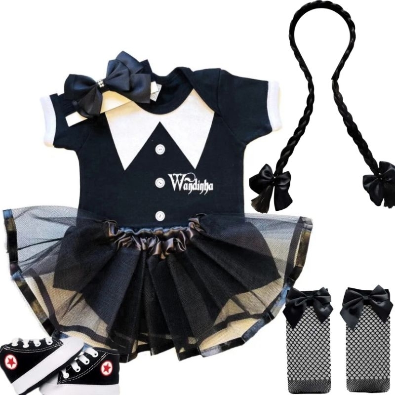 Body Temático Wandinha,Família Adams,halloween,menina bebê mesversario, fantasia