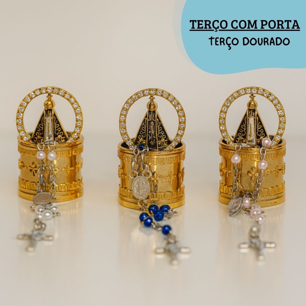 Terço Com Porta Terço Dourado Nossa Senhora Acessórios Religioso Presente Lembraçinha