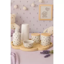 Kit Higiene Bebe Porcelana Lilas Flor Lavanda Tampas e Bandeja Pinus + Garraf 06 Pçs