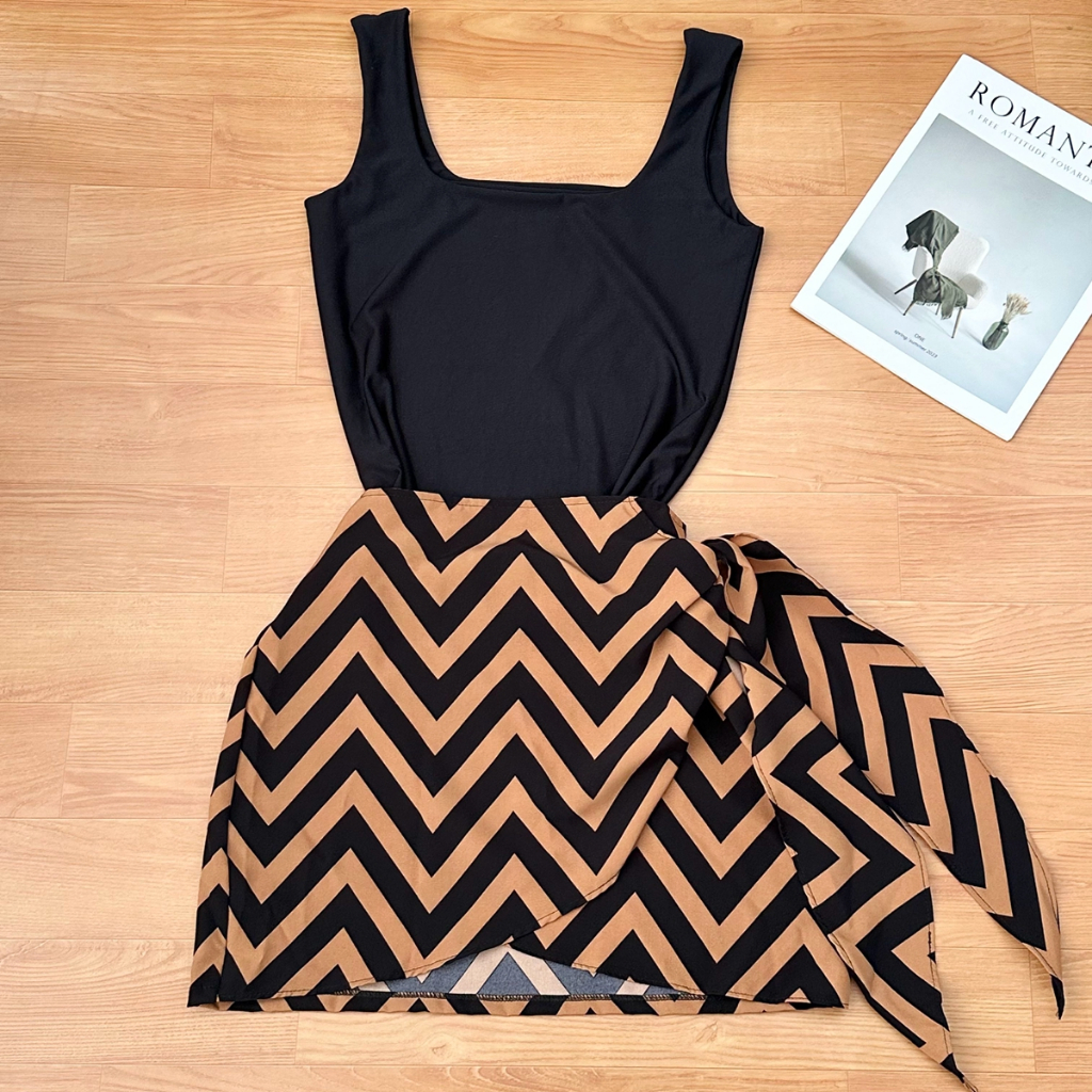 Women Casual Square Neck Top with Short Wrap Skirt Two Piece Set Simulated Effect Printing Knot Details em Oferta na Shopee