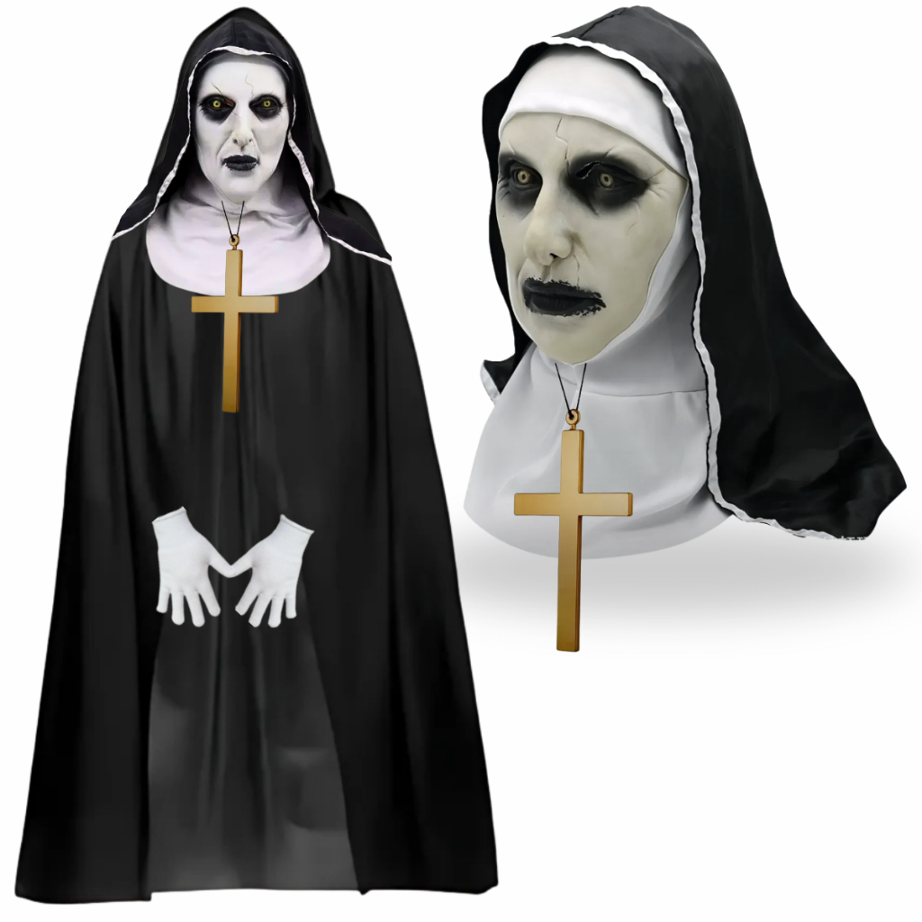 Fantasia Completa Freira do Mal Festa Temática Halloween (Máscara Látex  + Acessórios)