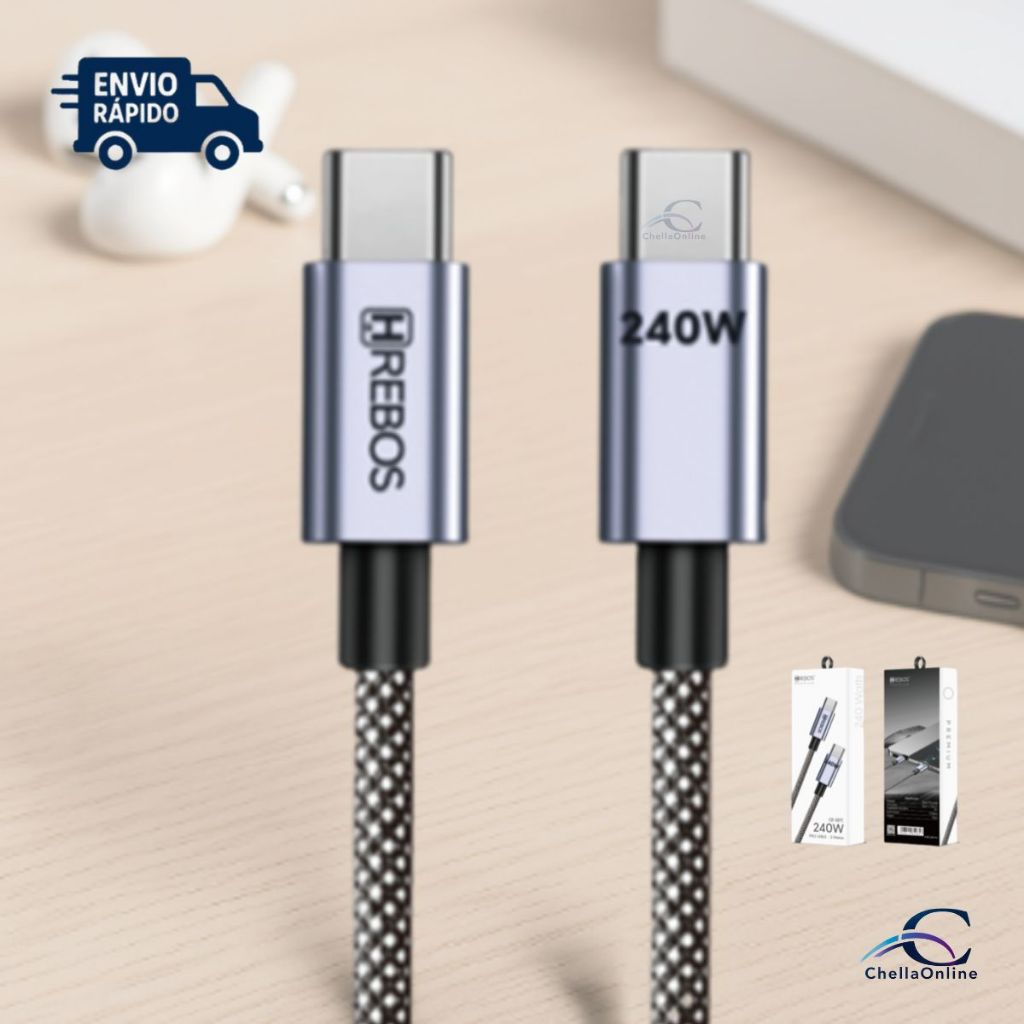 Cabo Tipo-C 240W Carregamento Rápido Hrebos 1 e 2 Metros Compatível Notebook, Celular e Tablets