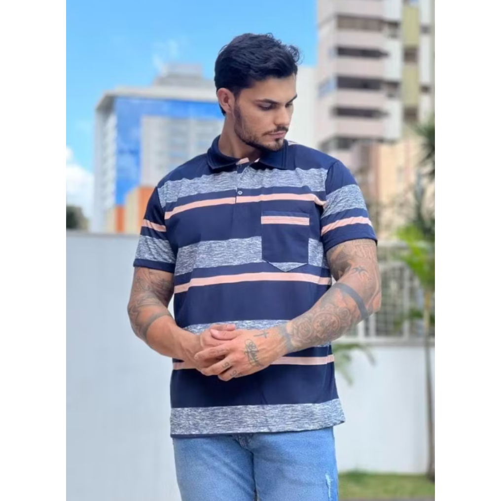 Kit Camisa Gola Polo Masculina Listrada Com Bolso Estilo Casual Cores Variadas