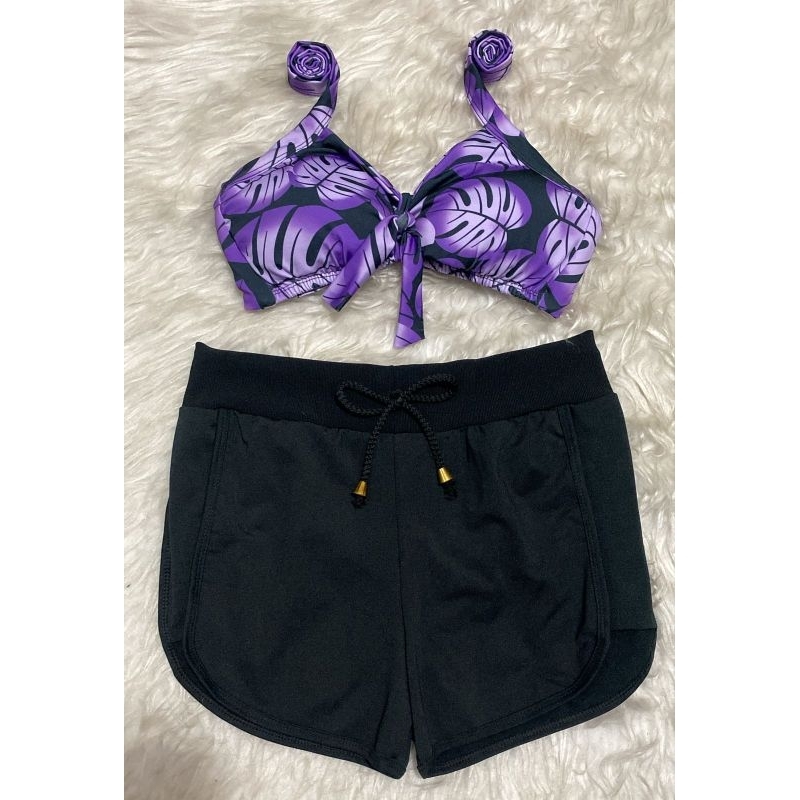 Conjunto Moda Praia Feminino 2 Peças - Cropped com Bojo Suplex + Short Saída de Praia Preto Liso Plus Size