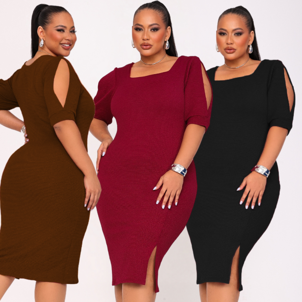 Vestido Plus Size Midi Feminino Forro Duplo Gola Quadrada Elegante Fenda na Perna e Detalhe no Ombro