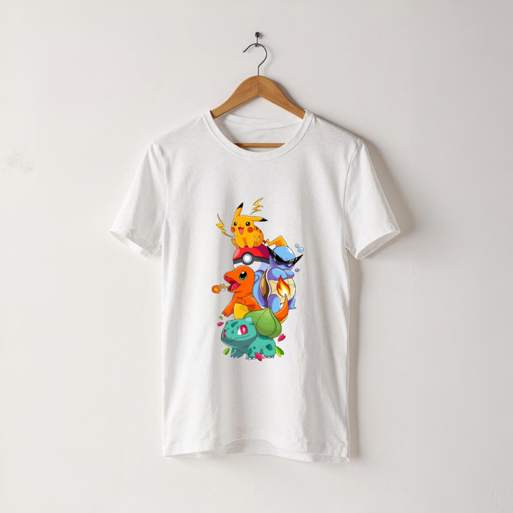 Camiseta Pokémon Adulto e Infantil Pikachu Desenho Criança Camisa Premium Algodão Masculina Feminina Unissex 001