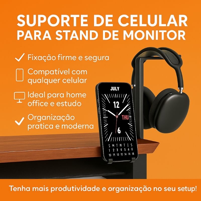 Suporte de Celular para Stand de Monitor | Fixação Firme, Design Minimalista e Prático
