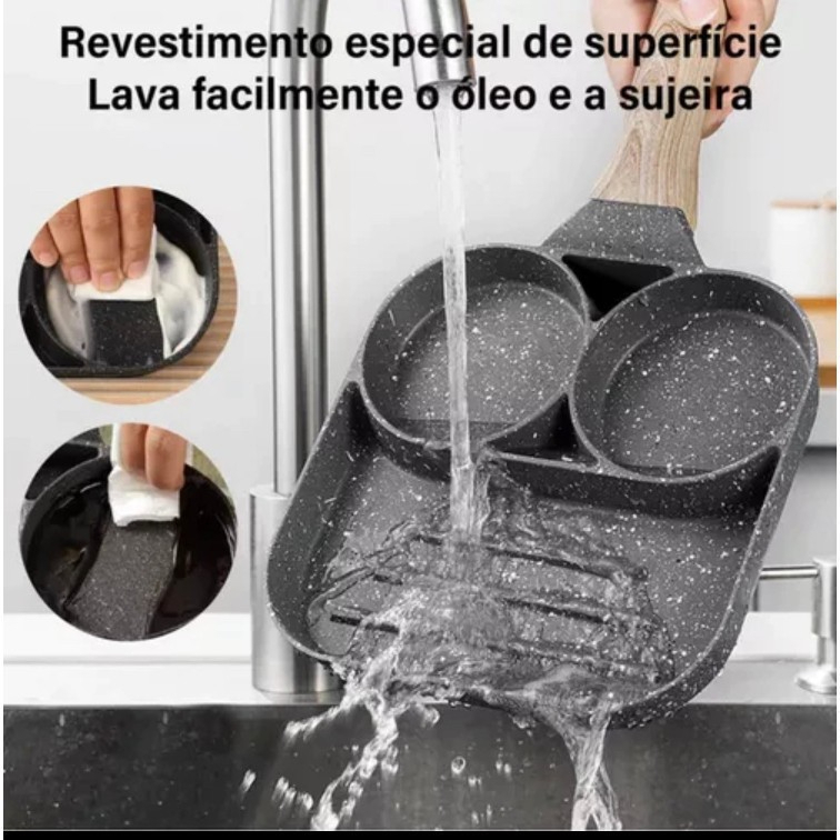 Frigideira Multifuncional 2 Buracos Ovos Hambúrguer Panela Antiaderente Com Alça De Madeira