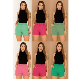 SHORT FEMININA LYCRA CINTURA ALTA BOLSO NA FRENTE FIVELA ENCAPADO em Oferta na Shopee