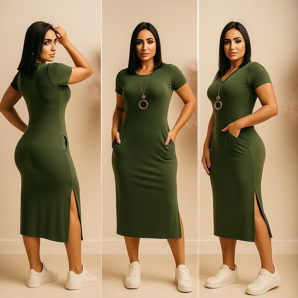 Vestido Feminino Midi Tubinho casual mais vendidos fenda lateral com bolso Tendência 2025