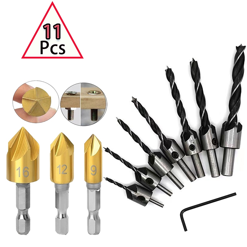 kit【8+3】 jogo broca escariadora 11 peças madeira piloto desbaste de para chanframento