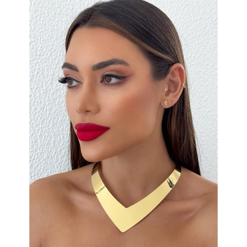 Colar Feminino Dourado Gargantilha V Metal Liso | Maxi Colar Moderno Luxo