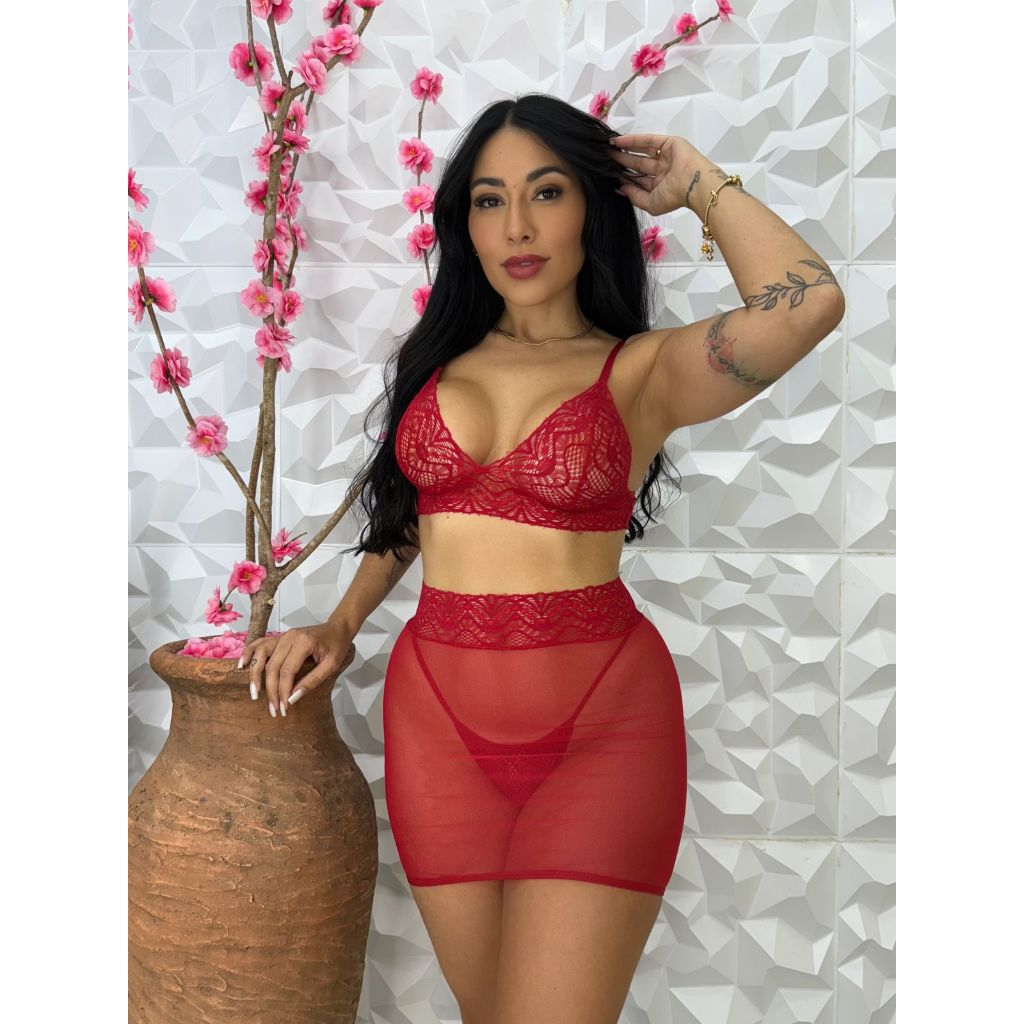 Conjunto de Renda e Tule Paixão Quente Sem Bojo Leve Confortável Noite Mulher Espera Marido em Oferta na Shopee
