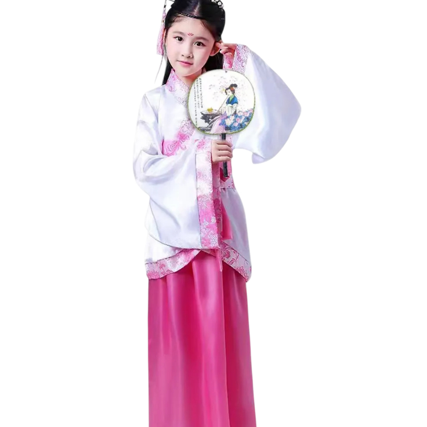 Kimono Chinês Rosa Infantil Quimono Meninas Hanfu Leque