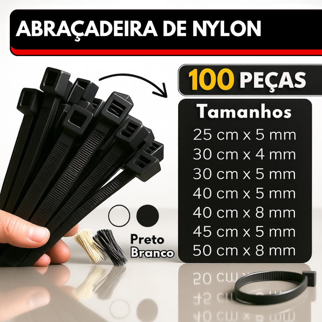 Kit 100 Abraçadeira de Nylon Cinta Plástica Enforca Gato Branco Preto 25cm 30cm 40cm 50cm