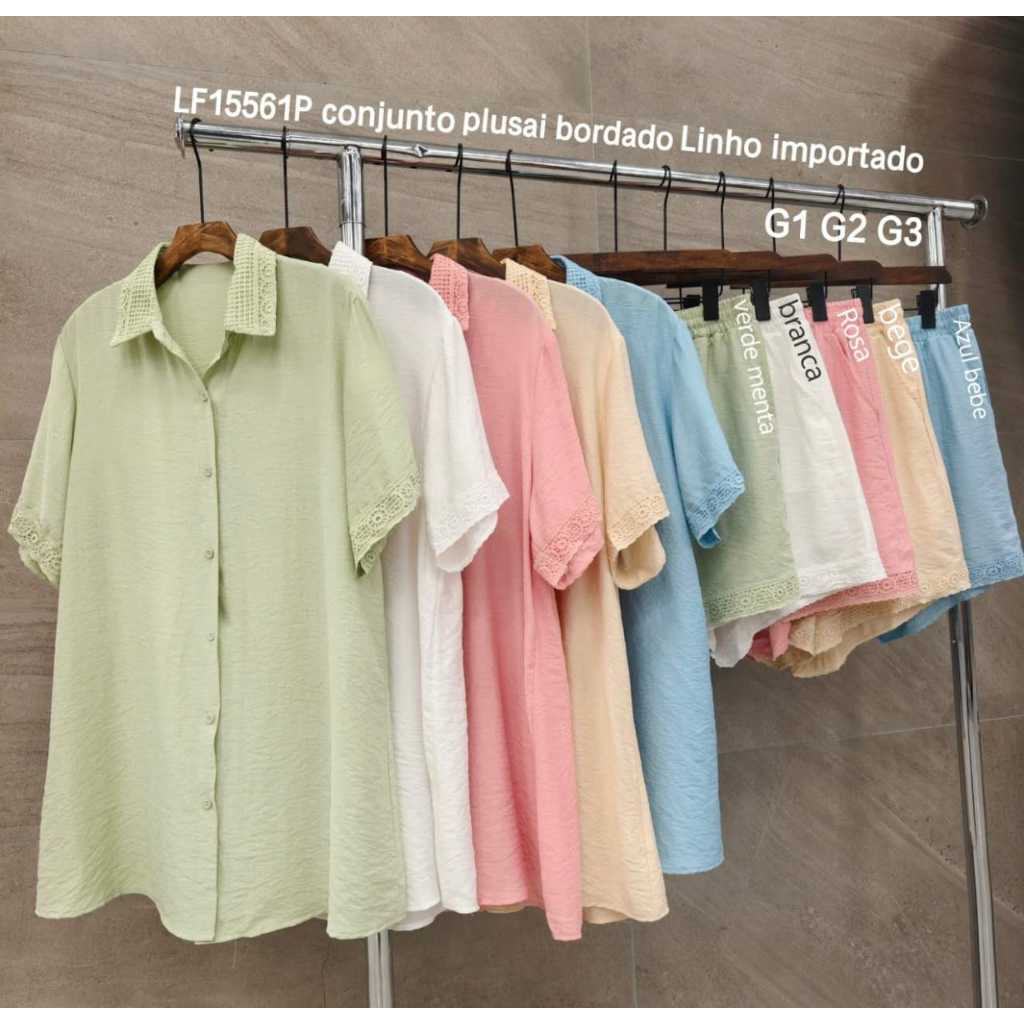 conjunto plusai bordado Linho importado femininas modas LF15561p（short com forro）