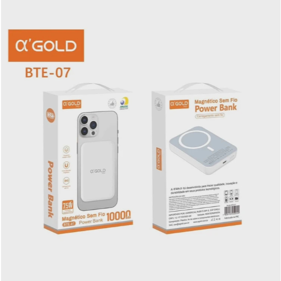 Carregador Power Bank 10000mah Magnético Indução Sem fio 7.5w  A'GOLD BTE-07 em Oferta na Shopee