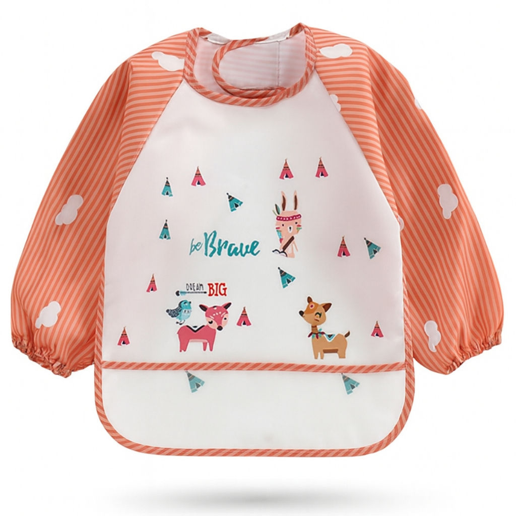 Babador Bebê Impermeável Manga Longa e Gola Velcro Com Bolso Para Pegar Migalhas