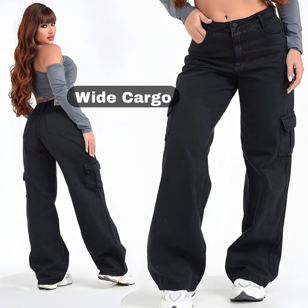 Calça Wide Leg CARGO Jeans Feminina Cintura Alta pantalona
