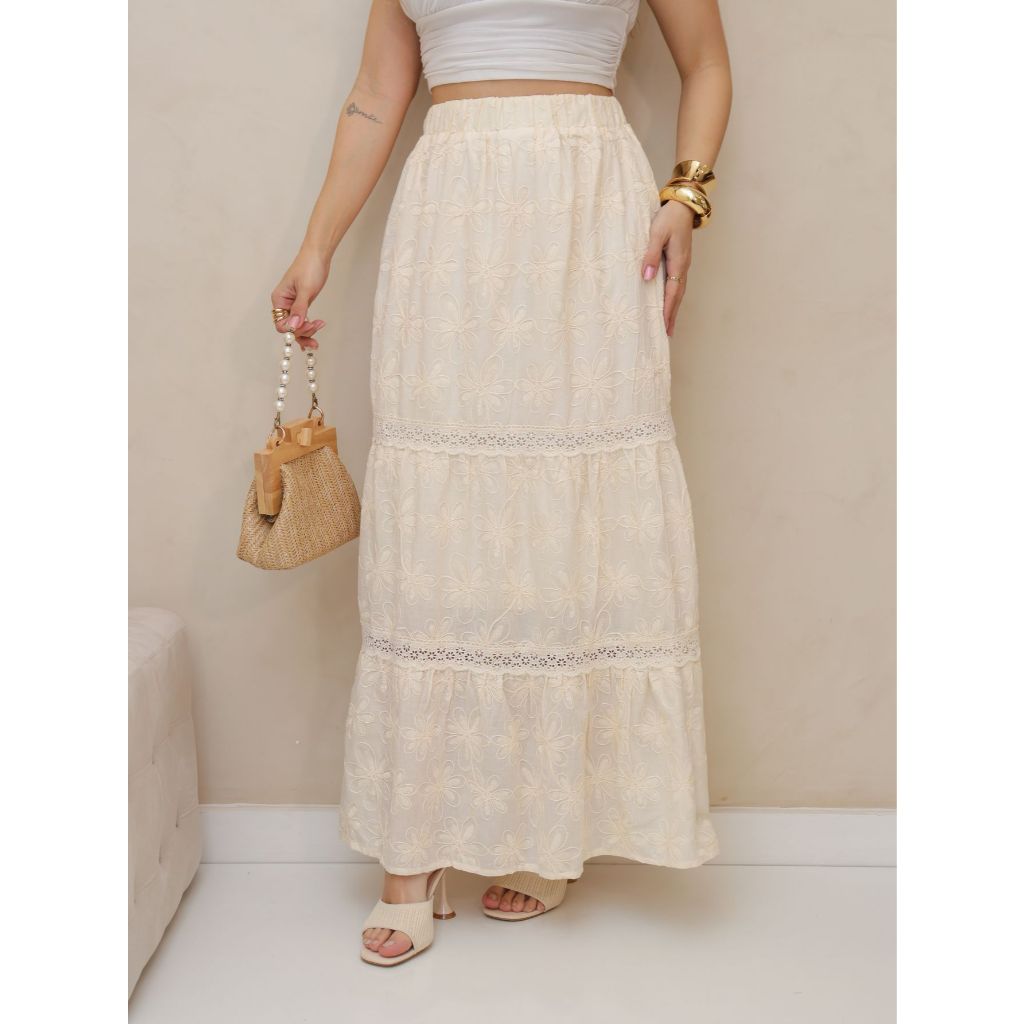 Saia Longa Lese- Bordada Com Forro Elástico Na Cintura (Z110) em Oferta na Shopee