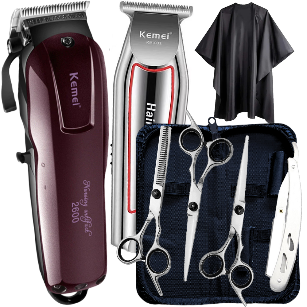 Kit Maquina De Corta Cabelo E Tesoura Barbeiro Profissionais Kemei 2600 KM-032 + Capa de Barbearia
