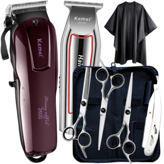 Kit Maquina De Corta Cabelo E Tesoura Barbeiro Profissionais Kemei 2600 KM-032 + Capa de Barbearia em Oferta na Shopee
