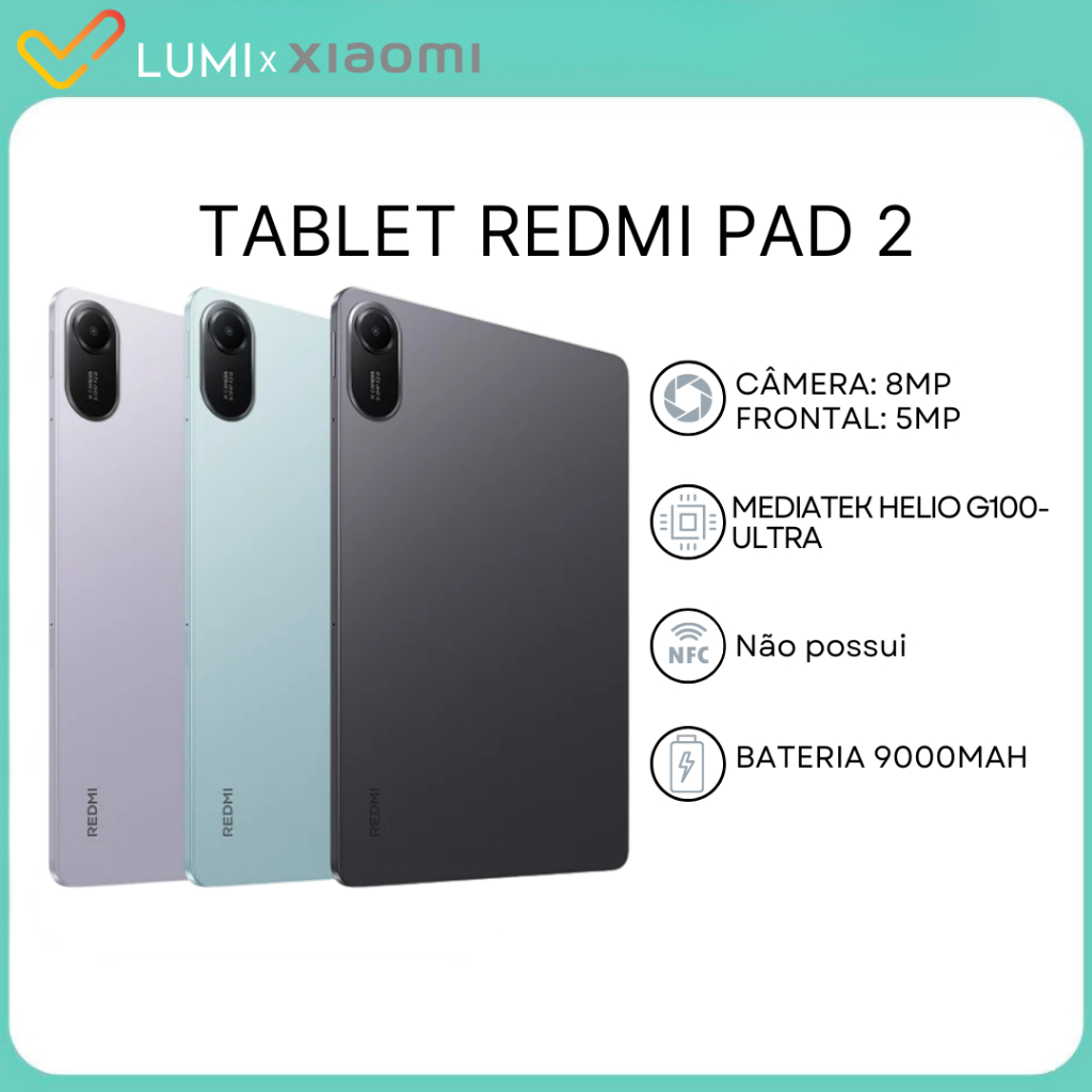 Tablet Redmi Pad 2, Versão Global, Processador MediaTek Helio G100-Ultra, Bateria mAh Versão Global