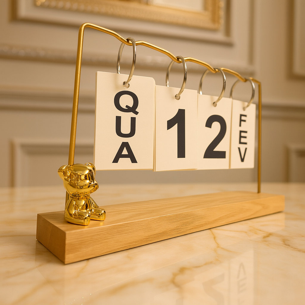 Calendário de Mesa Decorativo de Madeira com Plaquinhas Permanente Colorido Escritório