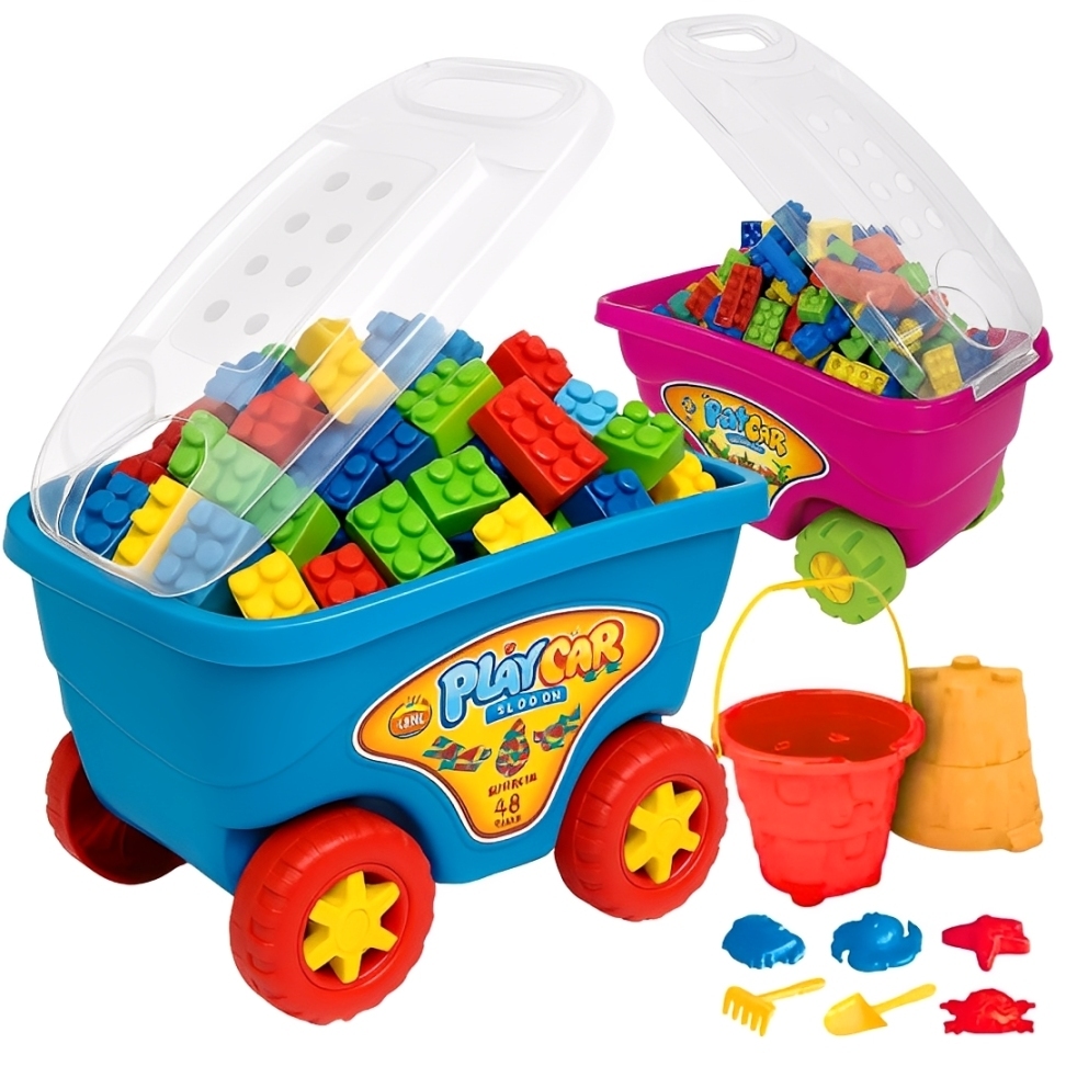 Brinquedo Carriola de Praia com Acessórios Educativos Blocos de Montar 48 Peças Grandes de Montar Encaixar em Oferta na Shopee