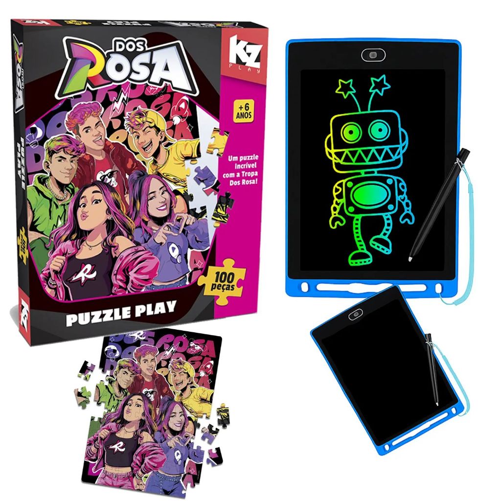 Jogos Quebra Cabeça Tropa dos Rosa + Lousa Mágica Tela Lcd Tablet Infantil De Escrever e Desenhar