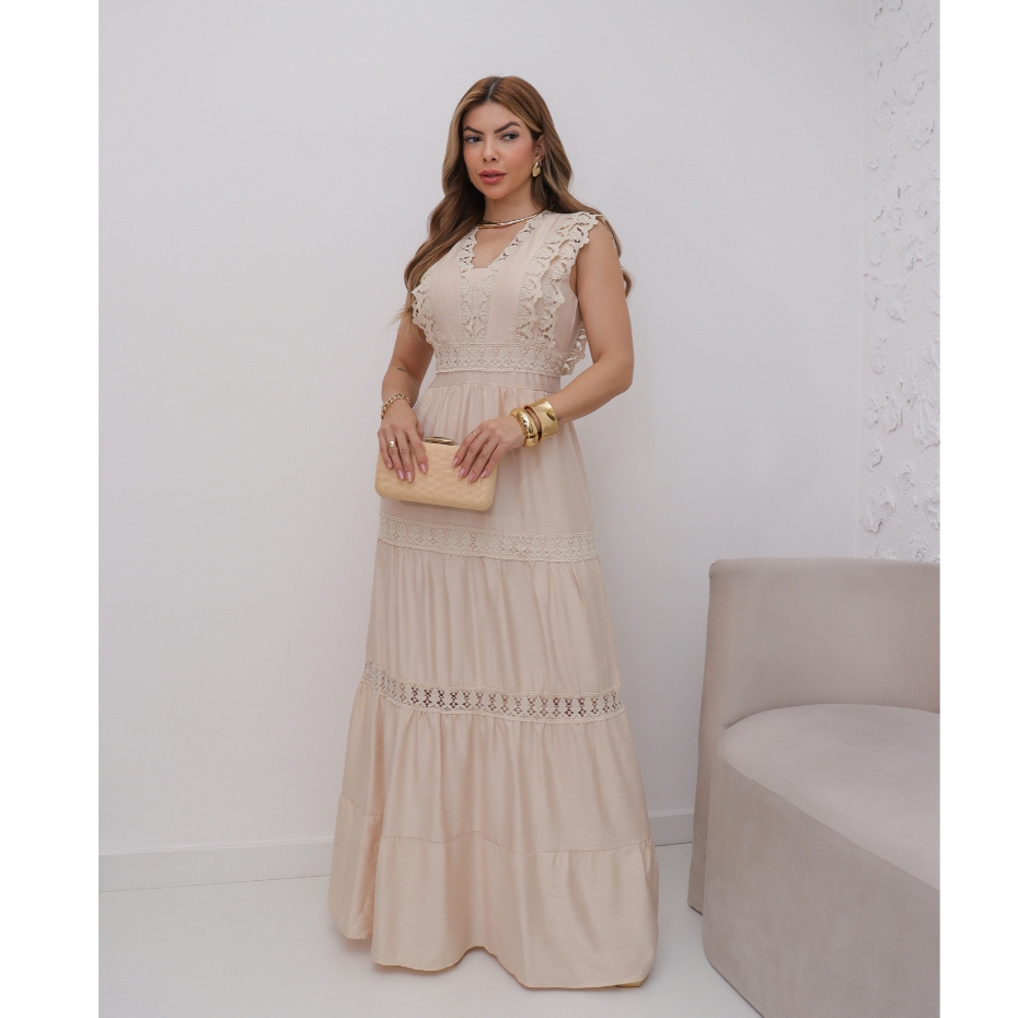 Vestido Casamento Feminino Elegante Longo Linho Alcinha Festa Verão 3RD SD1603