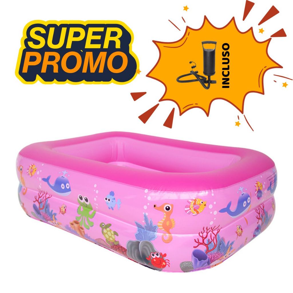 Piscina Inflável Infantil 120cm Retangular Rosa 2 Camadas Fundo Acolchoado + Bomba Menina  de Ar em Oferta na Shopee