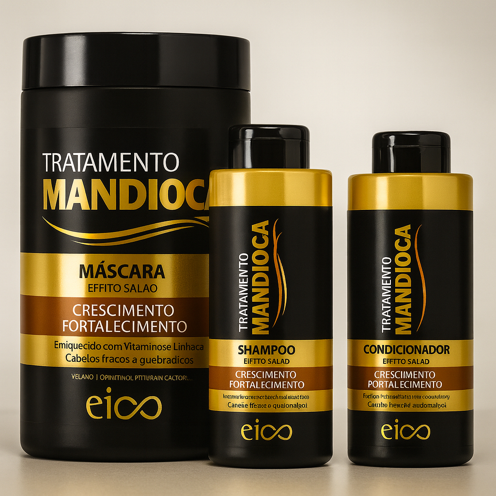 KIT Eico Tratamento Mandioca Shampoo 450ml e Condicionador 400ml + Máscara 1kg Crescimento Força