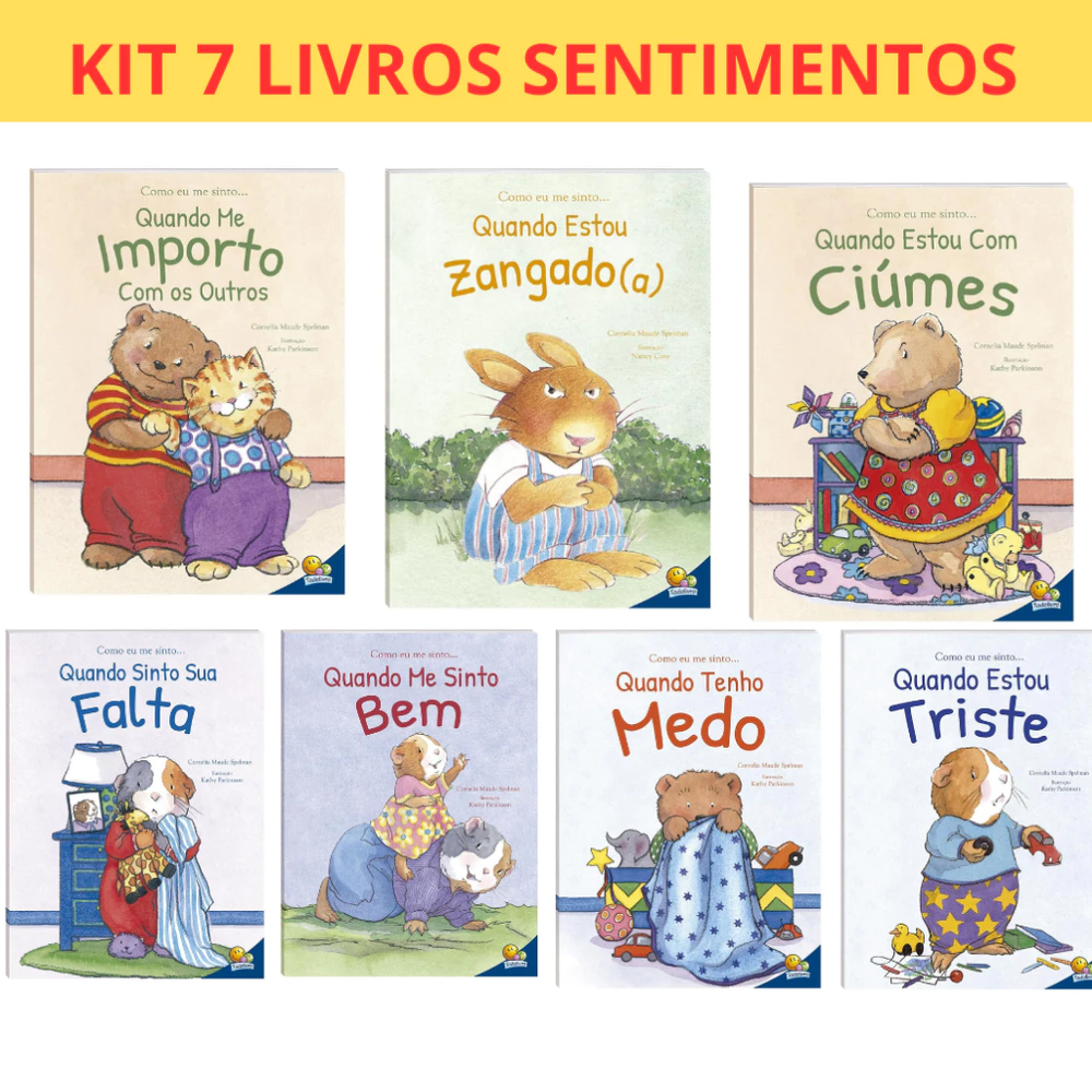 Kit 7 livros de Historias infantis Sentimentos - Triste, Medo, Falta, Ciúme, Zangado, Importo, Bem