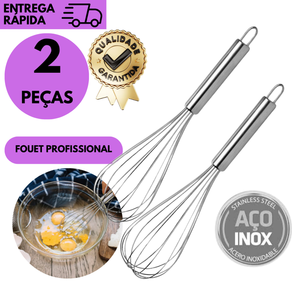 Kits 2 ou 1 Batedor De Ovos Fouet Inox Utensílio De Cozinha Profissional Para Bolos Massas E Cremes