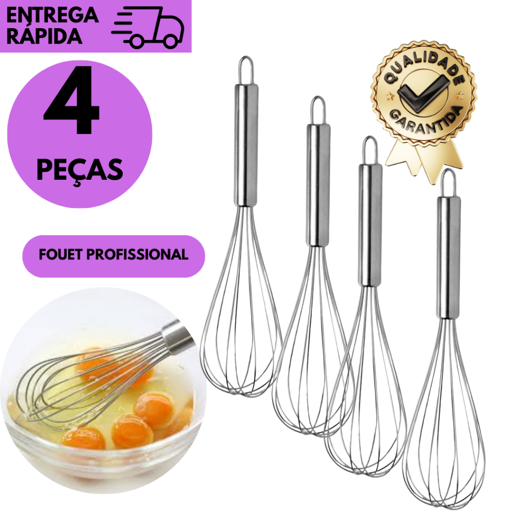 Kits 4/ 3 ou 2 Batedor Fouet Em Inox Para Ovos Bolos Massas Cremes Cozinha Utensílio Resistente