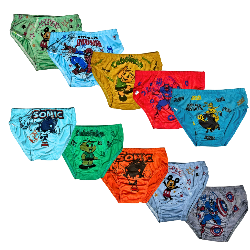 Kit 5-10 Cueca Infantil Menino Slip Premium Sublimada Forro 100% Algodão em Oferta na Shopee