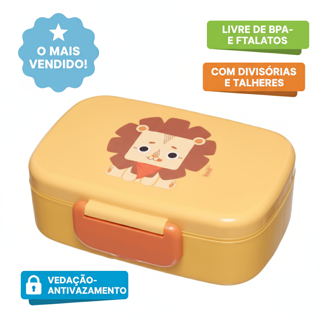 Marmita Bento Box Infantil Kouii Leão Leo Com Divisórias e Talheres Lanche Escolar de Plástico Livre de BPA