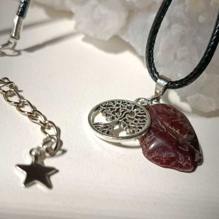 Colar Pedra Granada Natural (Garnet) com Mandala Árvore | Cristal Rolado Boho Esotérico