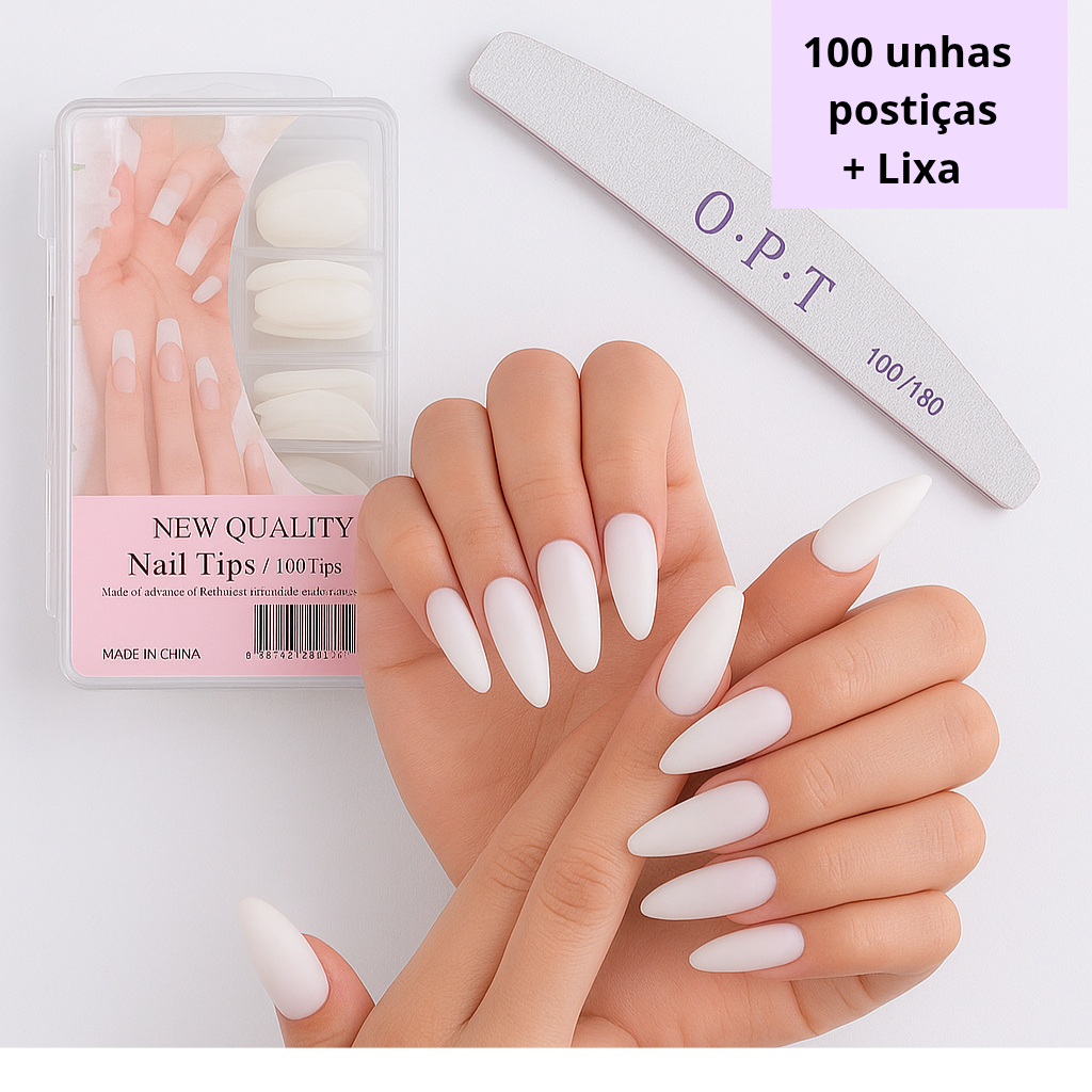 KIT 100 UNHAS POSTIÇAS POSTIÇA AMENDOADA ,LEITOSA OU BAILARINA REALIST +LIXA 100/180 - 100 Postiças