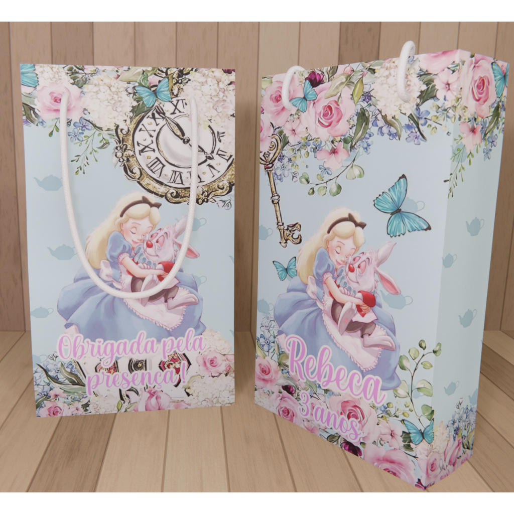 Kit Sacolinha Surpresa Personalizada alice no pais das maravilhas - 17x10x4cm - Papel Offset Fosco 180g