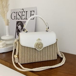 Bolsa Pequena Feminina de Mão Transversal de Palha Quadrada com Detalhe em Couro e Dourado Luxo em Oferta na Shopee