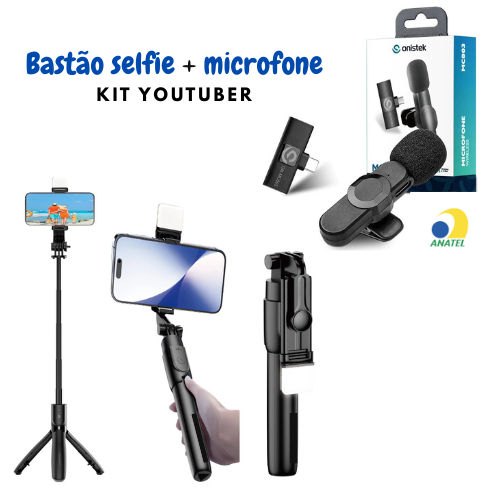 Bastão Pau de Selfie tripé com Luz Led + Microfone de Lapela Bluetooth Sem Fio