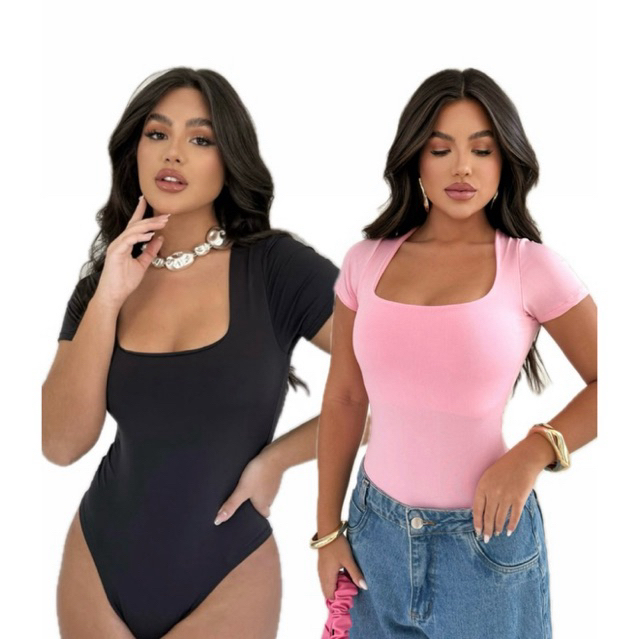 KIT 2 BODY FEMININO COLLANT MANGA CURTA DECOTE QUADRADO COM FORRO MODA CASUAL SUPLEX VERAO