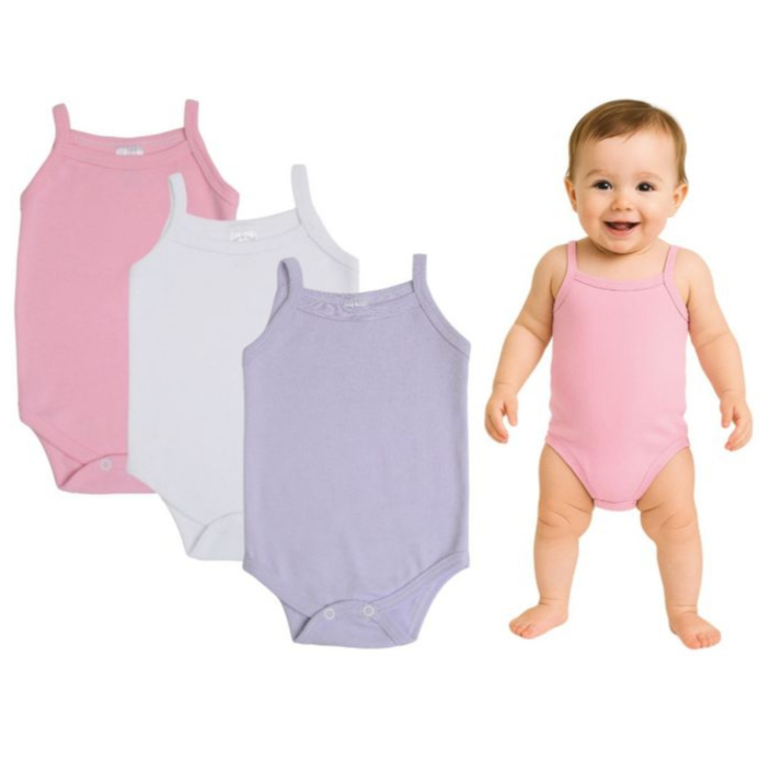 Kit C/ 3 Alcinha Infantil - Lilás/Branco/Rosa Bebê - Body Bebê - 100% Algodão em Oferta na Shopee