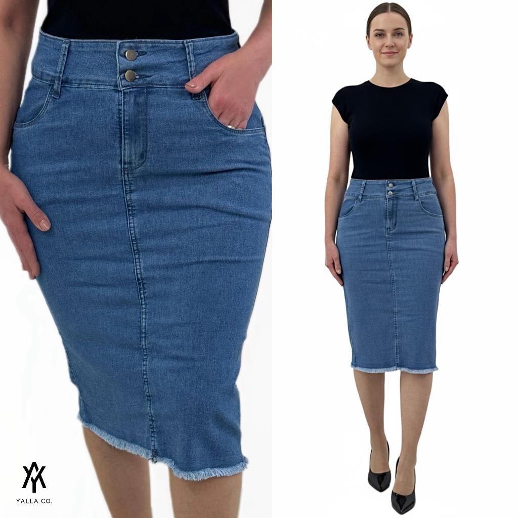 Saia Jeans Midi Moda Evangélica Com Lycra Premium Confortável Barra Desfiada Comportada
