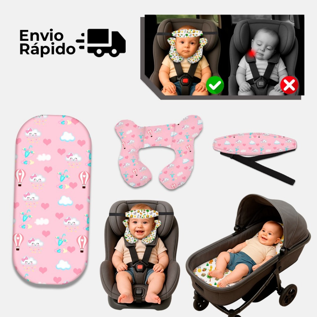 Imagem Kit Almofada de pescoço + Faixa Apoio Suporte Cabeça de Bebê + Colchonete Carrinho Completo Viagem