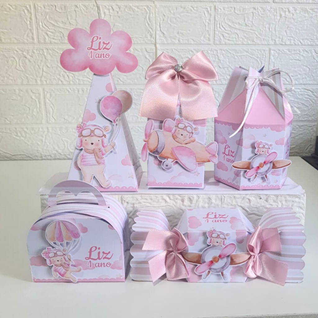 Kit Festa Personalizado - URSINHA AVIADORA / BALOEIRA - Caixinhas para Lembrancinhas ANIVERSARIO O tempo voa ROSA MENINA