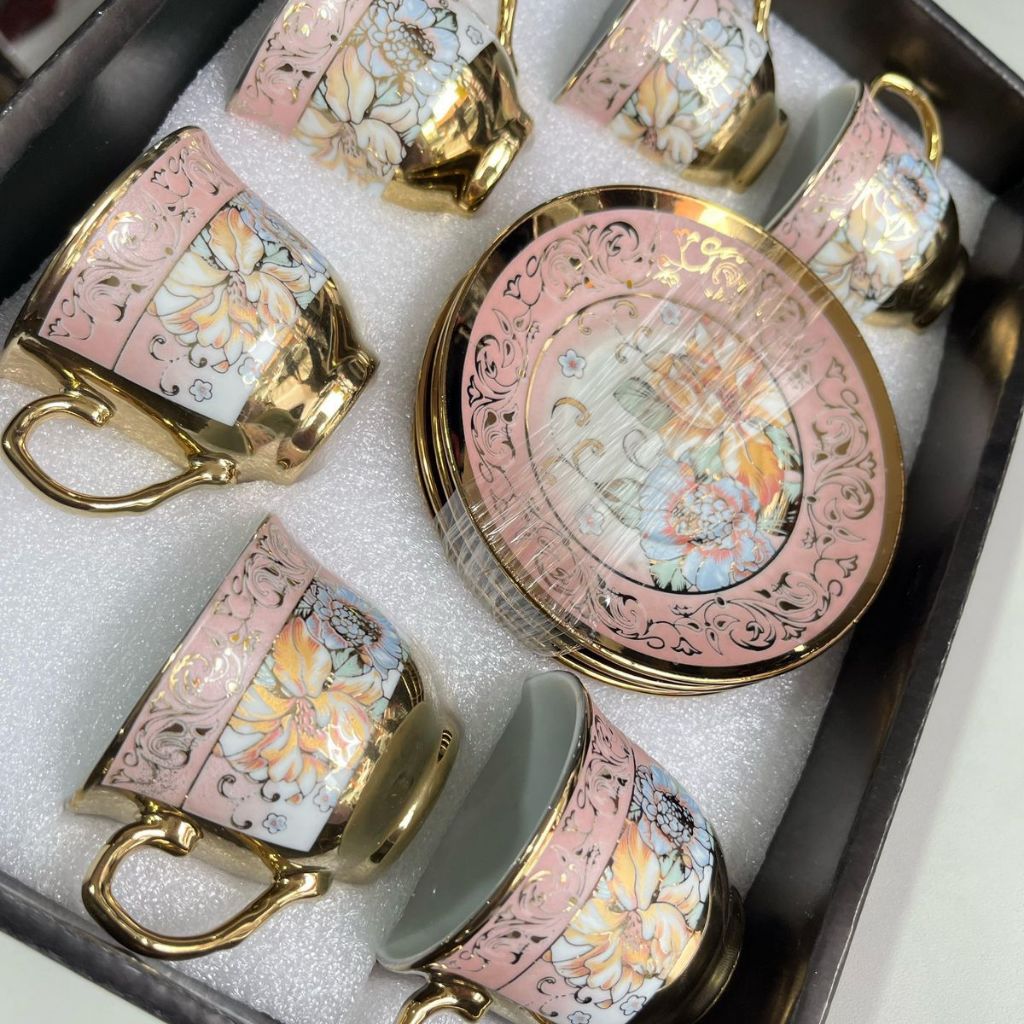 Kit Xícara de Porcelana 12 Peças com Pires | Jogo de Xícaras para Café Cerâmica Luxo